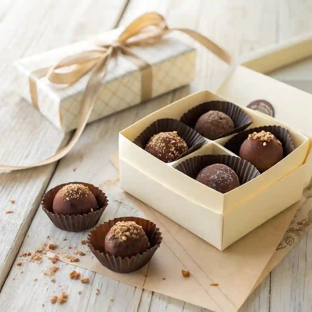 Finished gluten free chocolate truffles beautifully arranged in a gift box with a ribbon, ready for gifting.