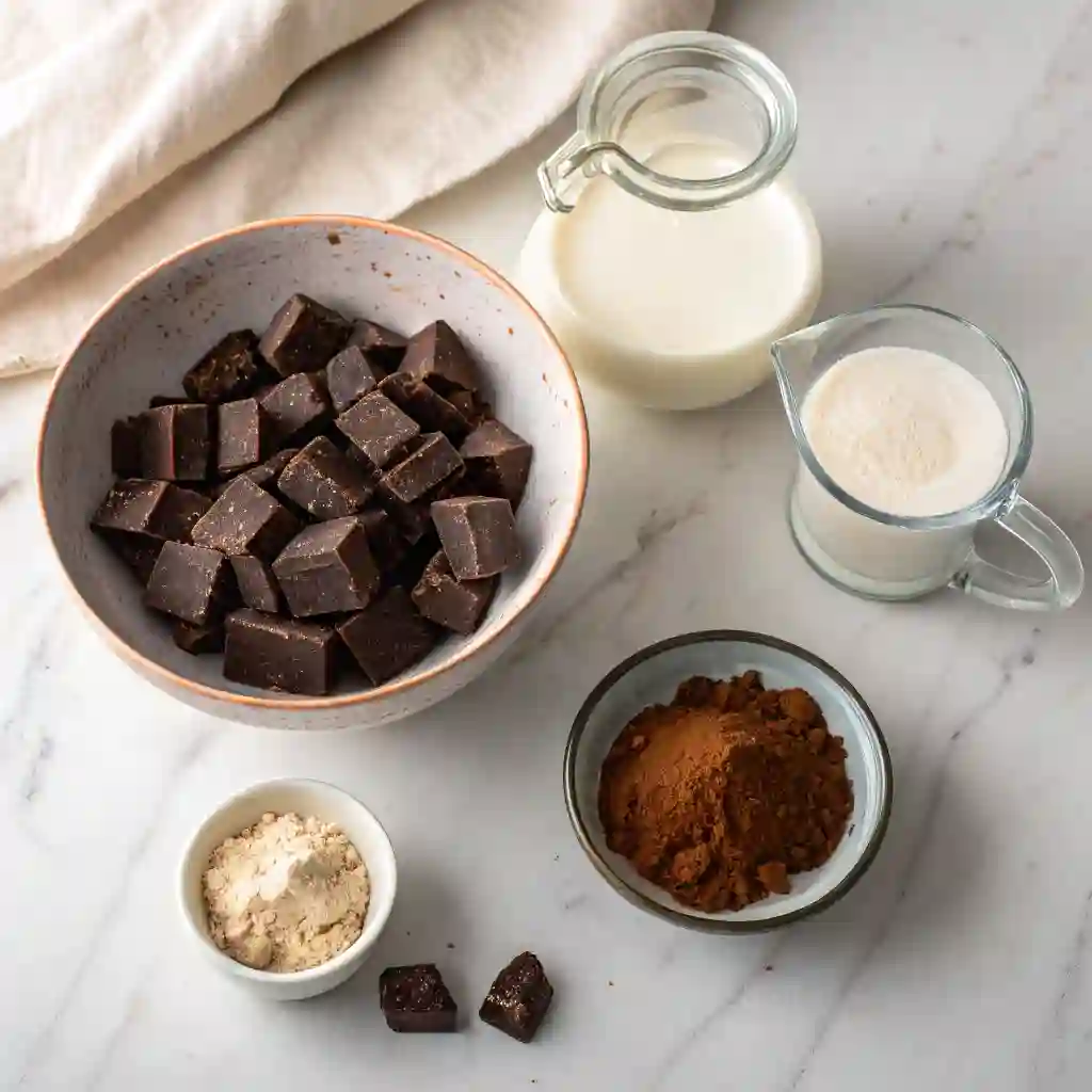 Ingredients for making gluten free chocolate truffles, including dark chocolate chunks, heavy cream, and cocoa powder, arranged on a marble surface.