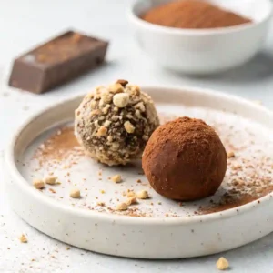 A close-up of two perfect gluten free chocolate recipe truffles, one with cocoa powder and one with nuts.