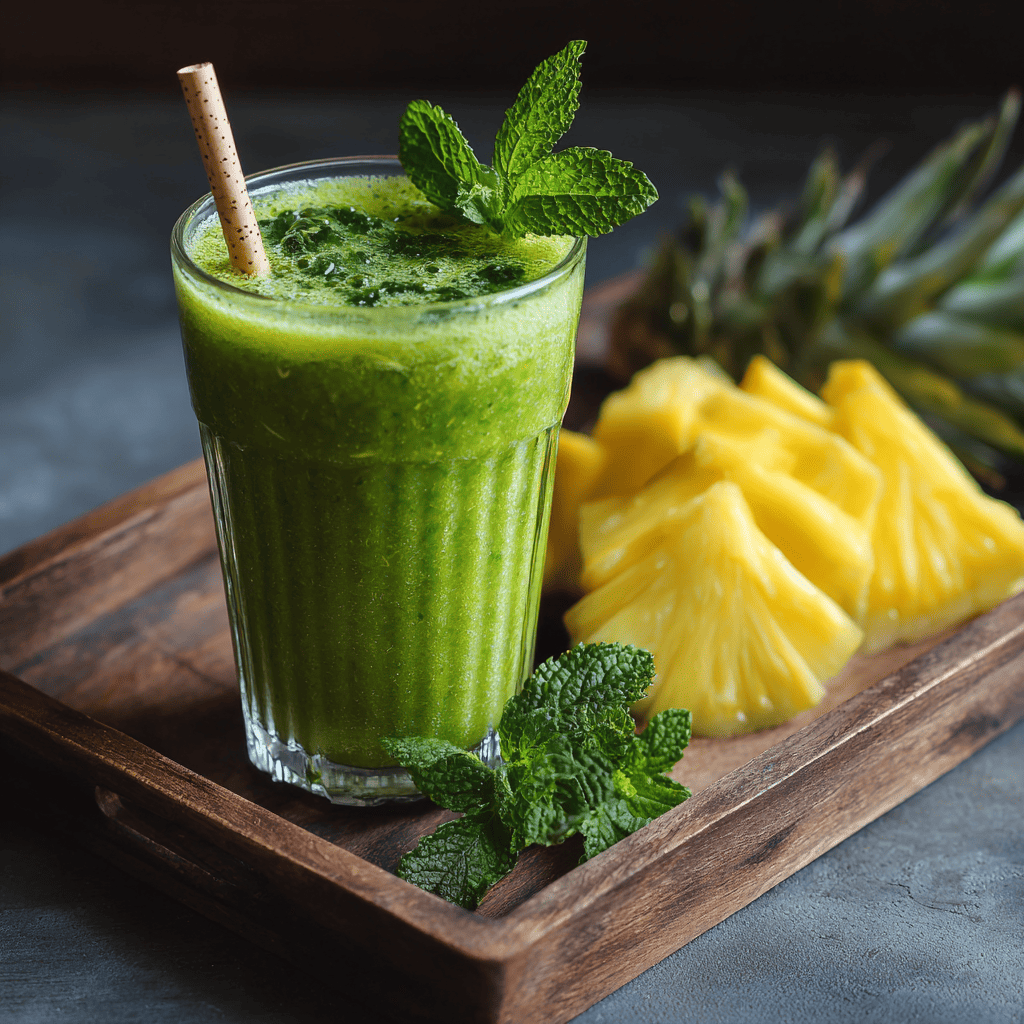 Detox island green smoothie served with mint garnish