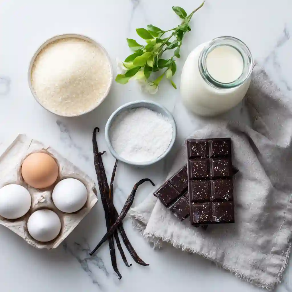 Core ingredients for naturally gluten free desserts like eggs, sugar, cream, and chocolate arranged neatly on a marble countertop.