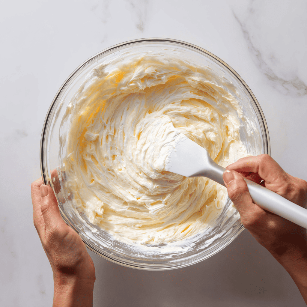 The Best Keto Bread Recipe (Soft, Fluffy & Easy to Make) 7 Hands gently folding the flour mixture into whipped egg whites with a spatula for the keto bread recipe batter.