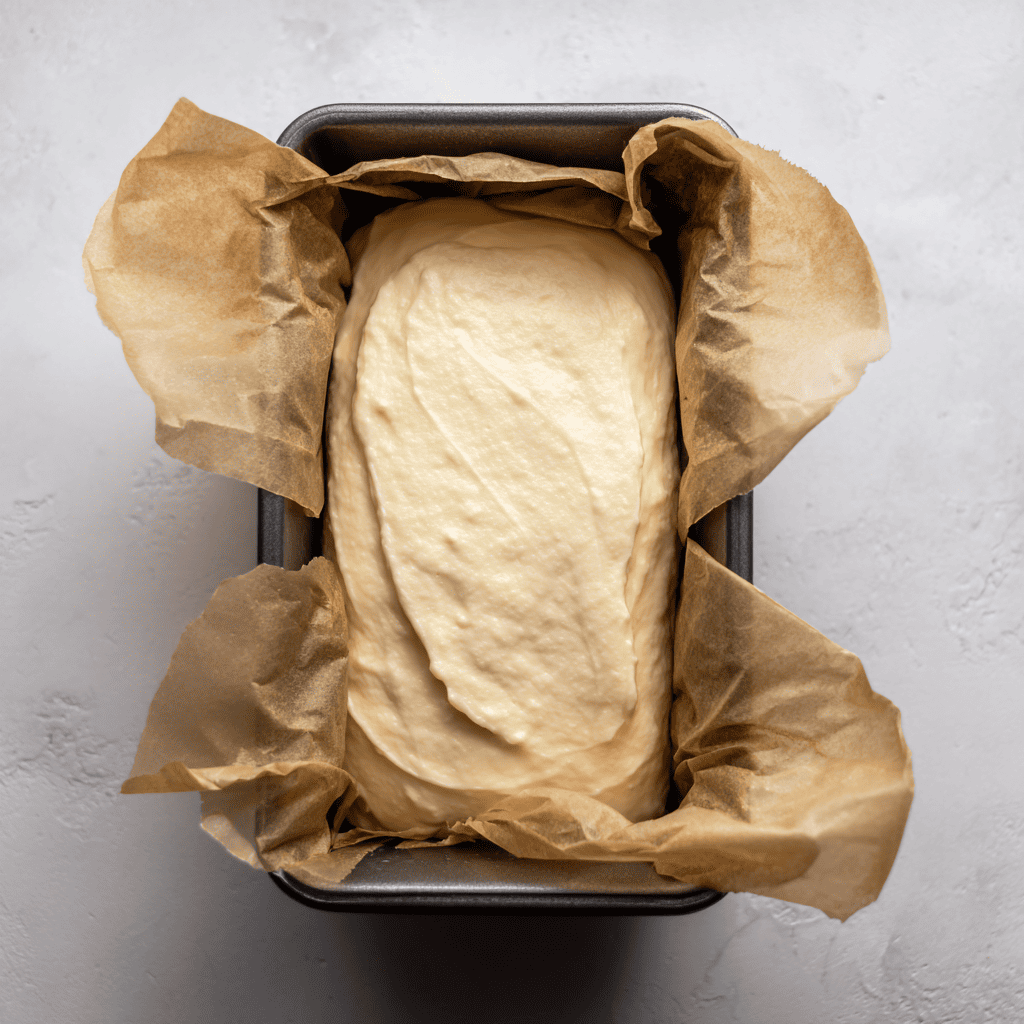 The Best Keto Bread Recipe (Soft, Fluffy & Easy to Make) 8 The finished keto bread recipe batter smoothed into a parchment-lined loaf pan before baking.
