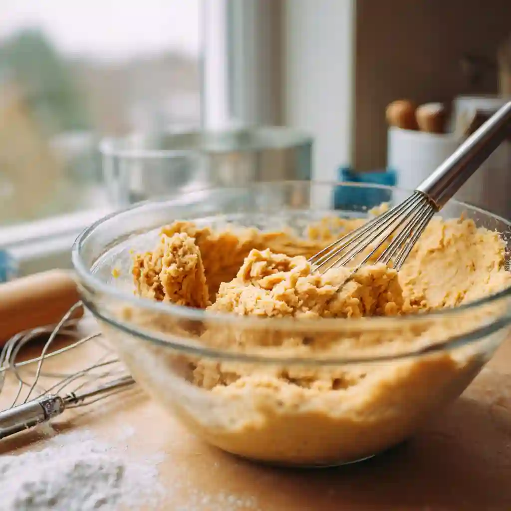 A clear glass bowl containing a mix of cookie dough being stirred with a metal whisk, suitable for gluten free peanut butter cookies.