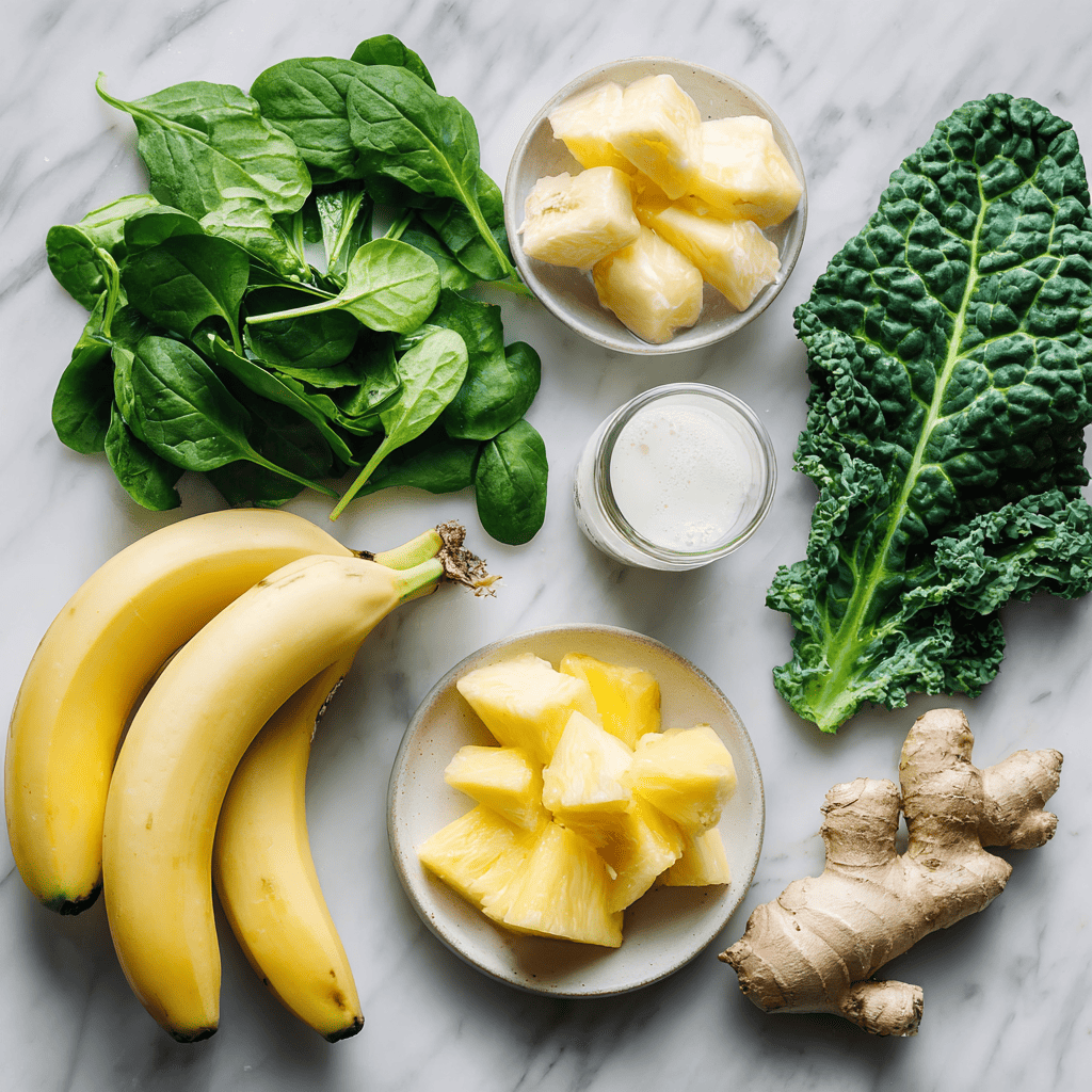 Detox Island Green Smoothie Recipe That Actually Tastes Better 4 Detox island green smoothie ingredients flat lay