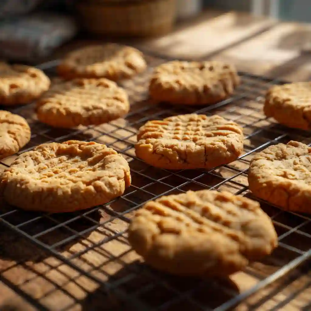 Freshly baked gluten free peanut butter cookies cooling on a wire rack with dappled sunlight.