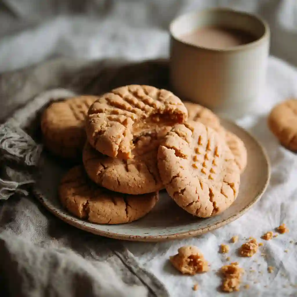 A plate of freshly baked gluten free peanut butter cookies, one with a bite taken out, next to a mug of hot cocoa on a grey linen cloth.