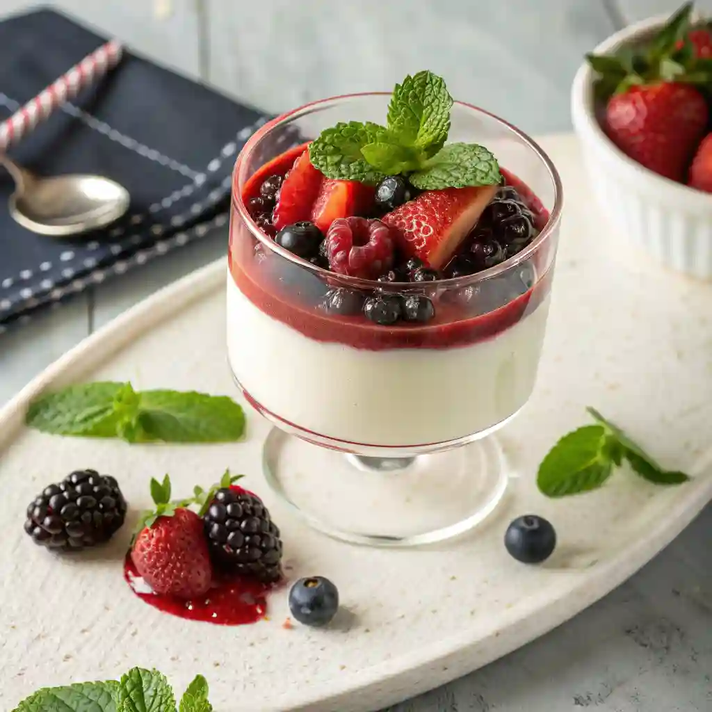 A glass of creamy homemade panna cotta with berry sauce, generously garnished with fresh strawberries, raspberries, blueberries, and a sprig of mint, presented on a ceramic tray.