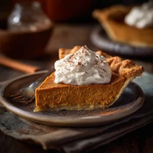 The Best Gluten Free Pumpkin Pie Recipe (Easy & Creamy) 3 Slice of gluten free pumpkin pie recipe with whipped cream on a plate