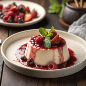 An unmolded panna cotta with berry sauce, garnished with fresh raspberries and a sprig of mint, served on a rustic plate.