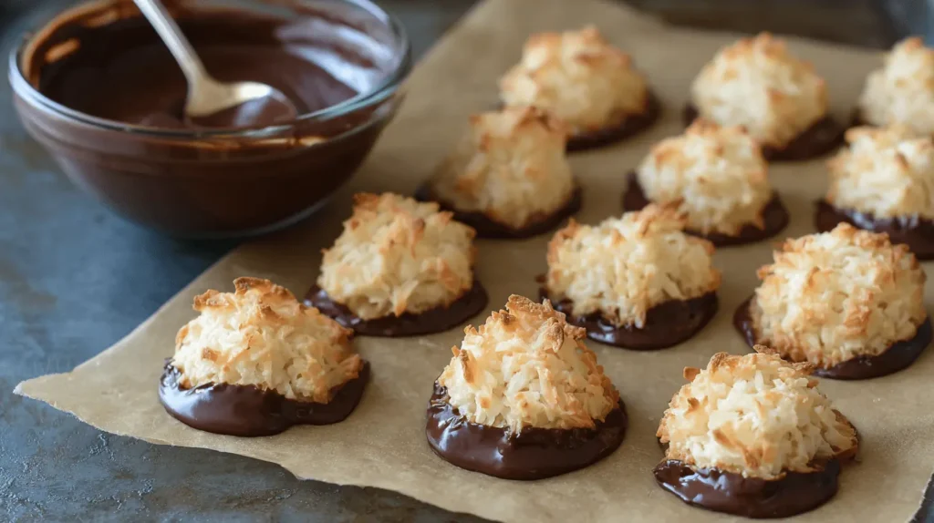Delicious chocolate-dipped coconut macaroons from a classic coconut macaroons recipe.