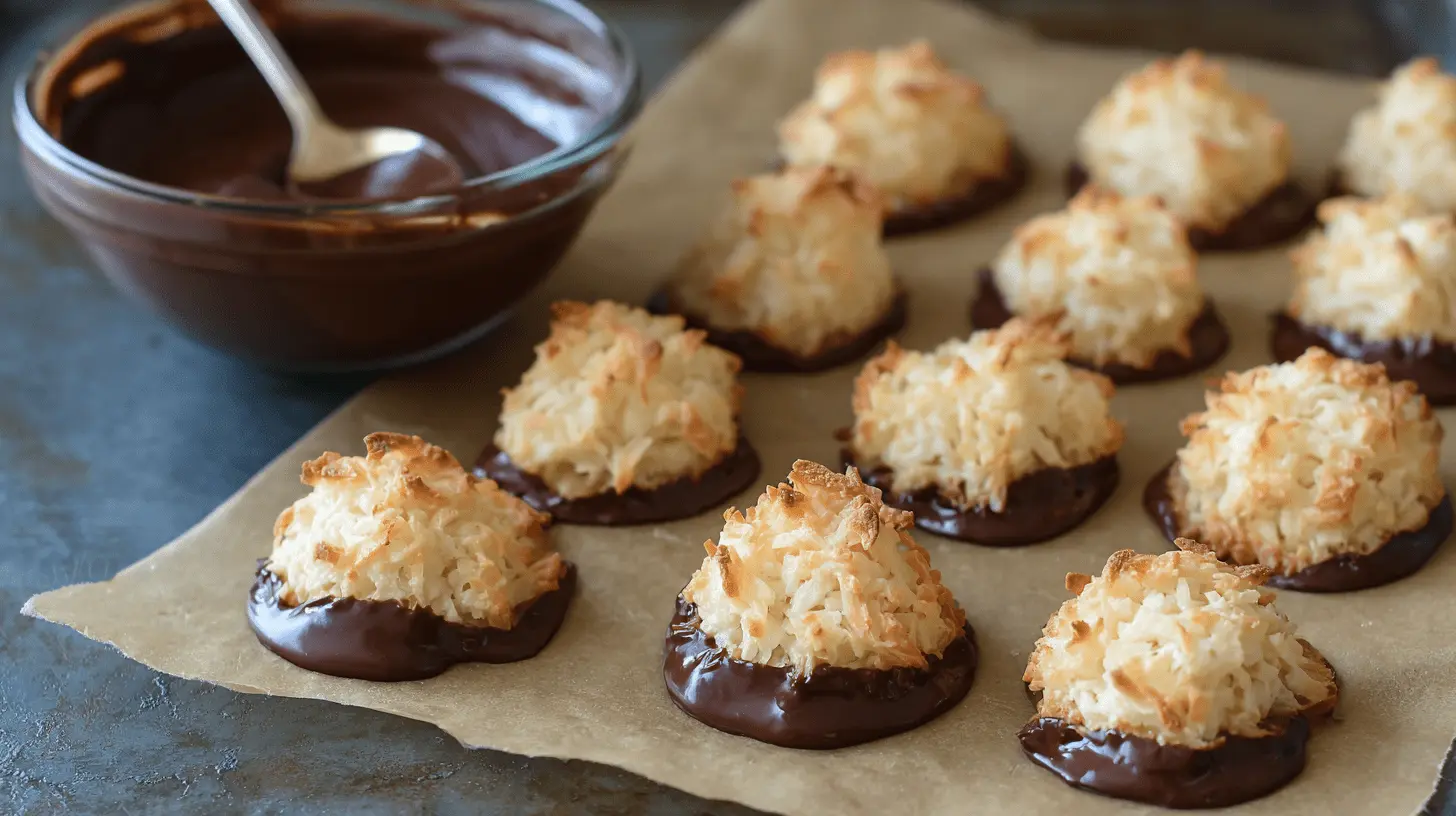 Delicious chocolate-dipped coconut macaroons from a classic coconut macaroons recipe.