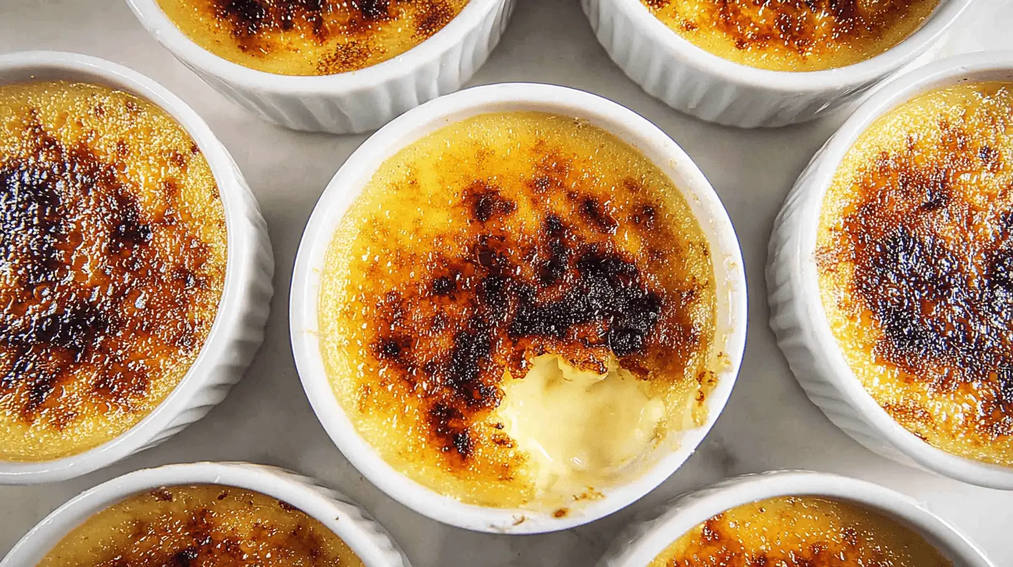 Easy Crème Brûlée Recipe: Classic Vanilla Custard with a Perfect Sugar Crust 1 Overhead view of multiple crème brûlée in white ramekins, one with a scoop taken from its caramelized sugar top, revealing the creamy custard.