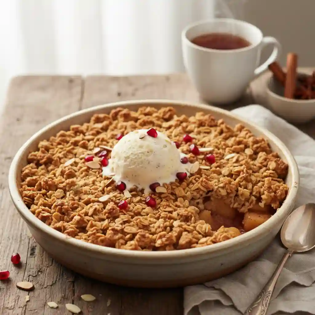 Easy Gluten Free Apple Crisp Recipe That Everyone Will Love 2 A freshly baked gluten free apple crisp with melting vanilla ice cream, ready to be served.