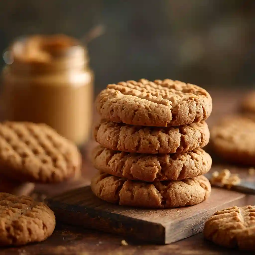 Soft and chewy oatmeal peanut butter cookies on wooden board (featured image)