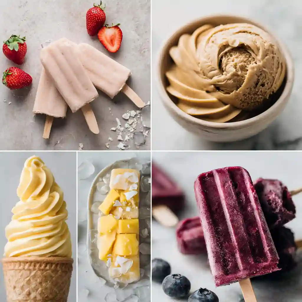 Collage of frozen vegan gluten-free desserts including strawberry cream pops, mango coconut soft serve, chocolate peanut swirl ice cream, pineapple whip, and blueberry yogurt pops