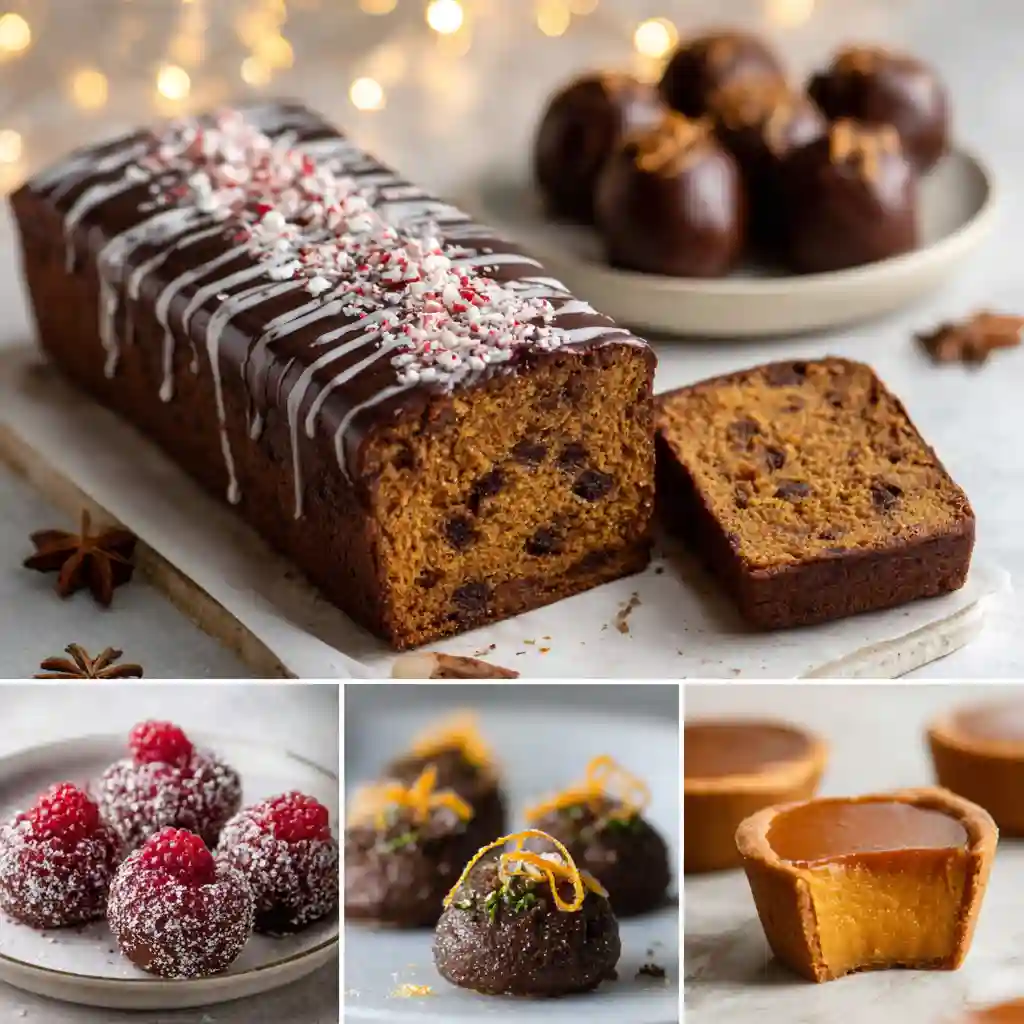 Collage of holiday vegan gluten-free desserts including peppermint chocolate bars, gingerbread loaf, raspberry truffle bites, sweet potato pie, and chocolate orange tarts