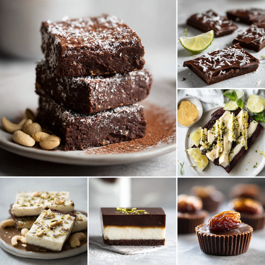 Collage of no bake vegan gluten free desserts including raw brownie squares, frozen banana bark, cashew cheesecake slices, coconut lime bars, and date caramel cups