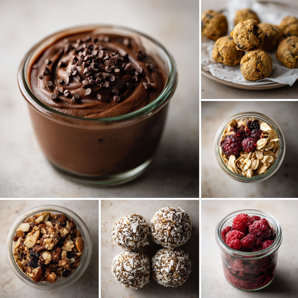 Collage of quick vegan gluten-free treats including chocolate avocado pudding, peanut butter maple cookies, banana oat bites, coconut chia cups, and berry crumble jars