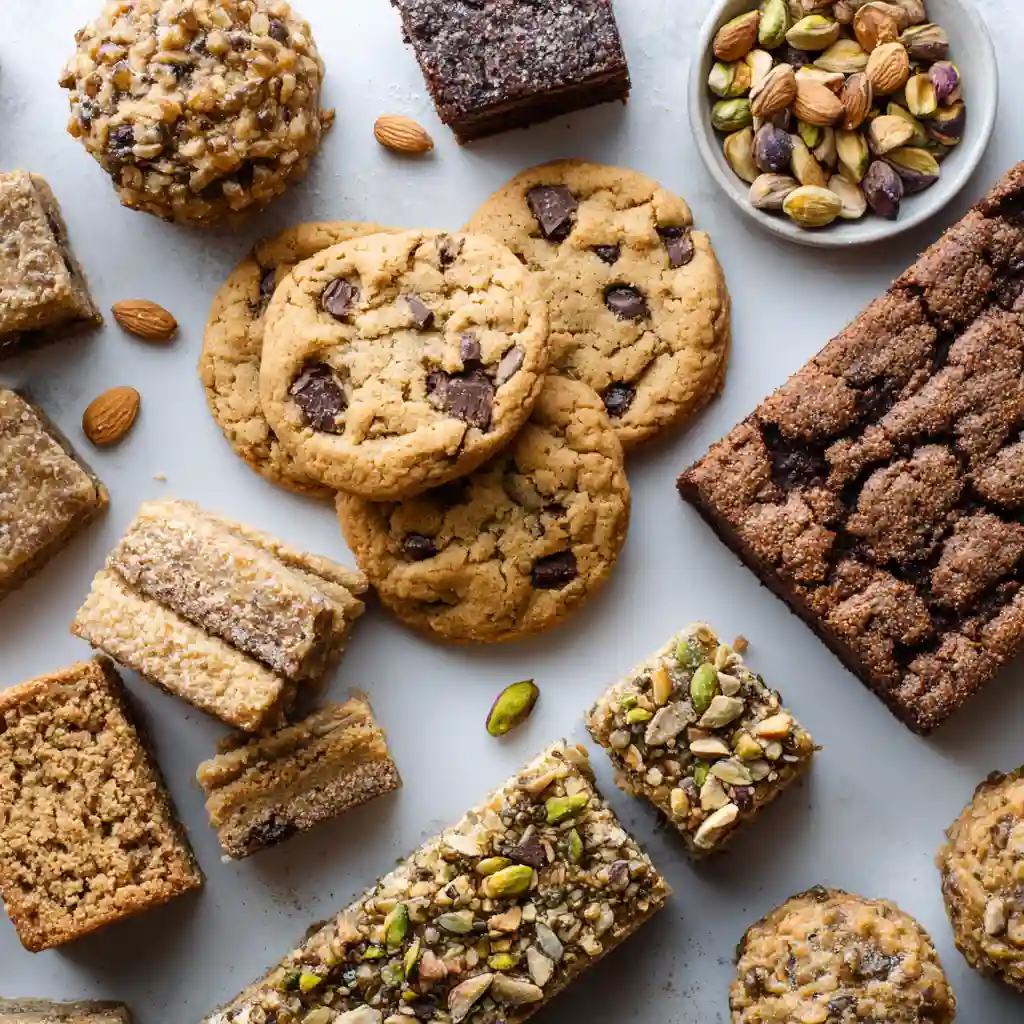 Collage of vegan gluten-free cookies, bars, and bites including tahini chocolate chip cookies, ginger molasses cookies, almond butter blondies, pistachio bites, and trail mix cookie bars